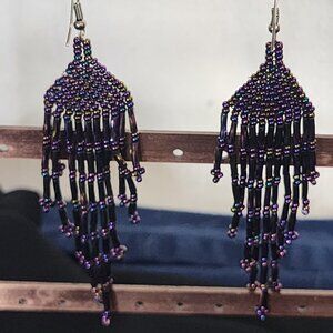 Purple Iridescent Handmade Beaded Chandelier Shepard's Hook Pierced Ear Earrings